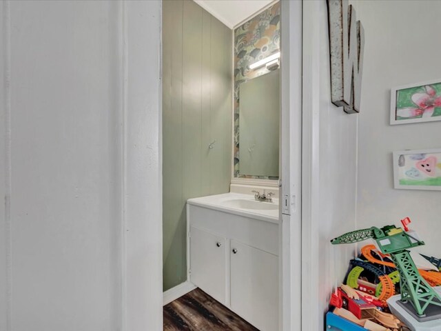 bathroom with hardwood / wood-style floors, vanity, and wood walls