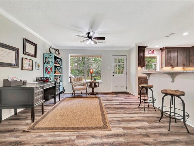 sitting room with ceiling fan, crown molding, a wealth of natural light, and light hardwood / wood-style flooring