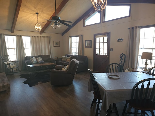 dining room featuring beamed ceiling, dark hardwood / wood-style flooring, ceiling fan with notable chandelier, and high vaulted ceiling