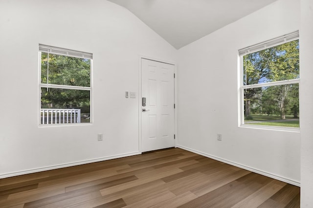 foyer featuring lofted ceiling and hardwood / wood-style flooring