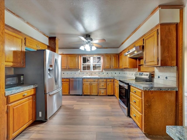 kitchen featuring ceiling fan, sink, decorative backsplash, appliances with stainless steel finishes, and hardwood / wood-style flooring