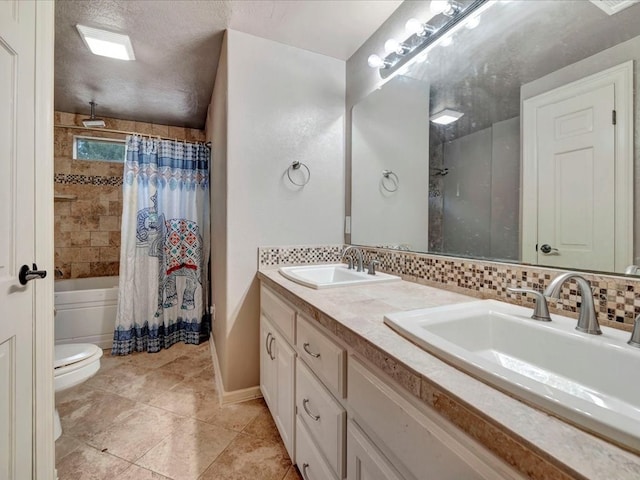 full bathroom featuring tasteful backsplash, a textured ceiling, vanity, shower / bathtub combination with curtain, and toilet