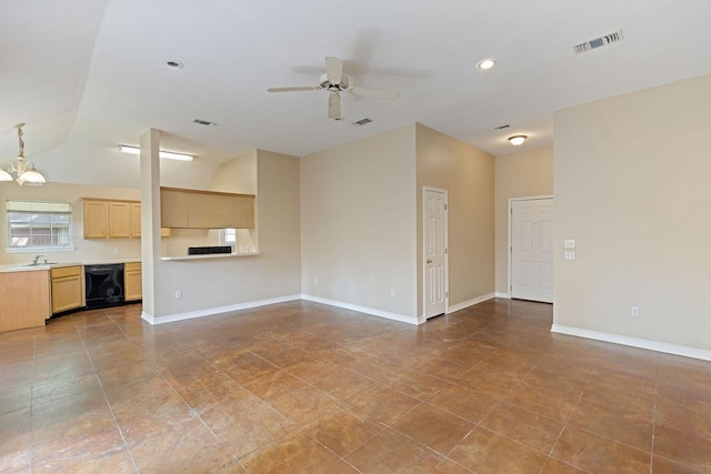 19 Windsor Ct, Lufkin, TX 75901 - unfurnished living room featuring ceiling fan, lofted ceiling, and recessed lighting