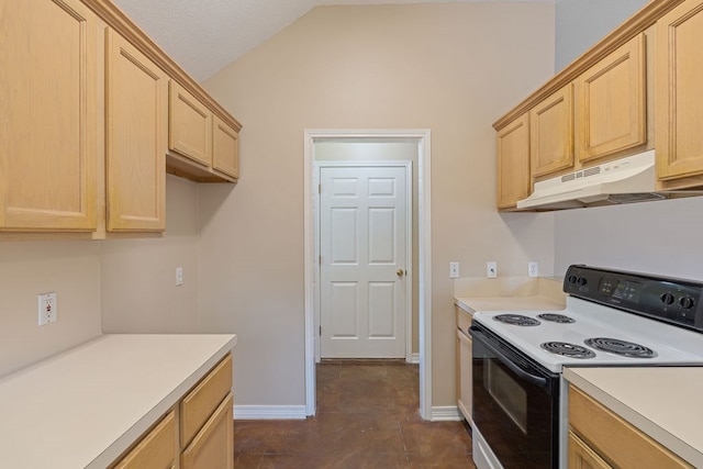 19 Windsor Ct, Lufkin, TX 75901 - kitchen with range with electric cooktop, under cabinet range hood, light brown cabinetry, light countertops, and lofted ceiling
