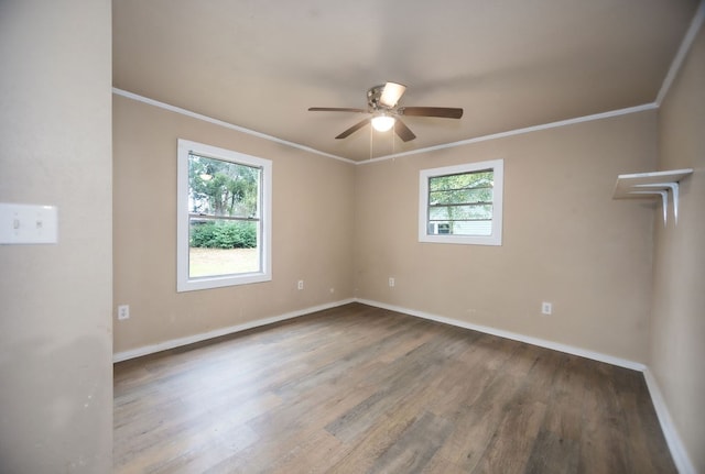 empty room featuring crown molding, ceiling fan, and hardwood / wood-style flooring