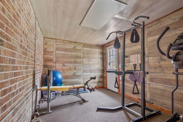 workout room with carpet, brick wall, and wood walls