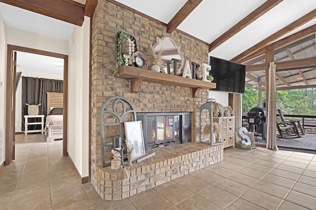 217 County Road 223, Brookeland, TX 75931 - tiled living area featuring a fireplace and baseboards