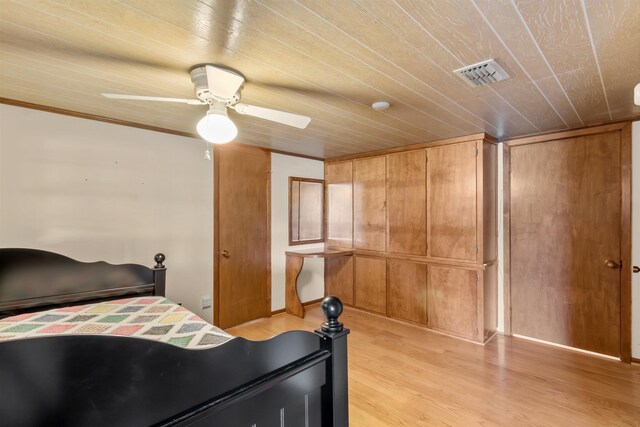 bedroom with ceiling fan, light hardwood / wood-style floors, and wooden ceiling