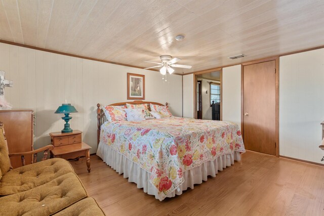 bedroom featuring ceiling fan, wood ceiling, and light hardwood / wood-style flooring