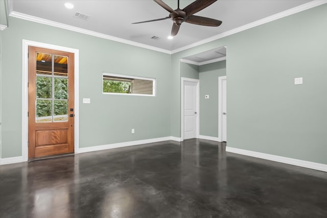 interior space featuring ceiling fan and crown molding