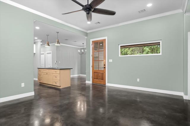 unfurnished living room featuring ceiling fan with notable chandelier, ornamental molding, and sink