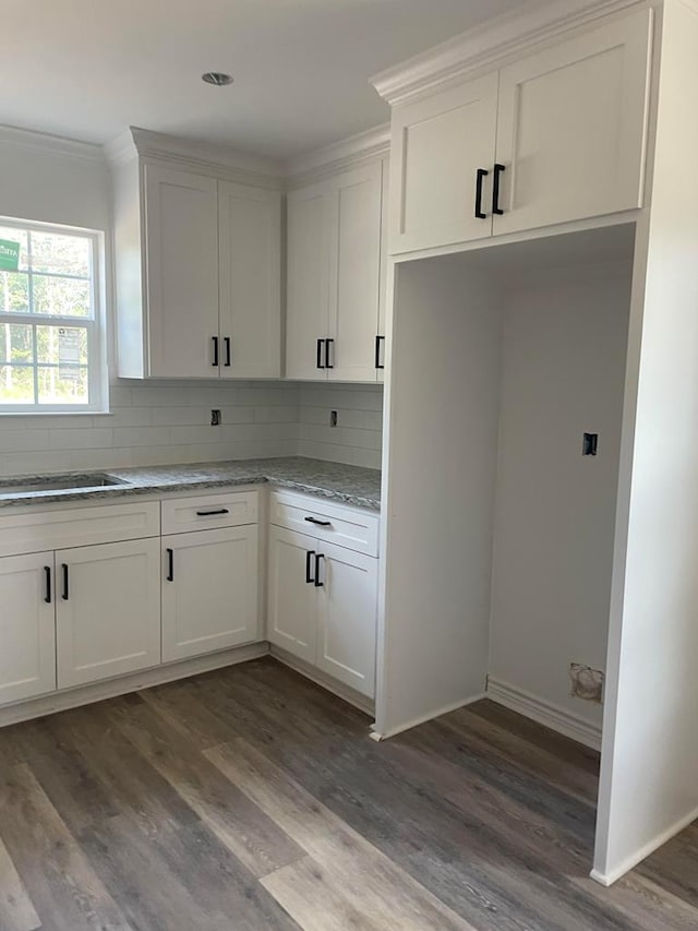 kitchen featuring white cabinets, tasteful backsplash, and dark wood-type flooring