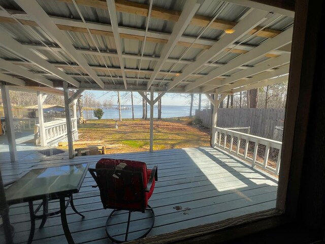 deck with fence and a water view