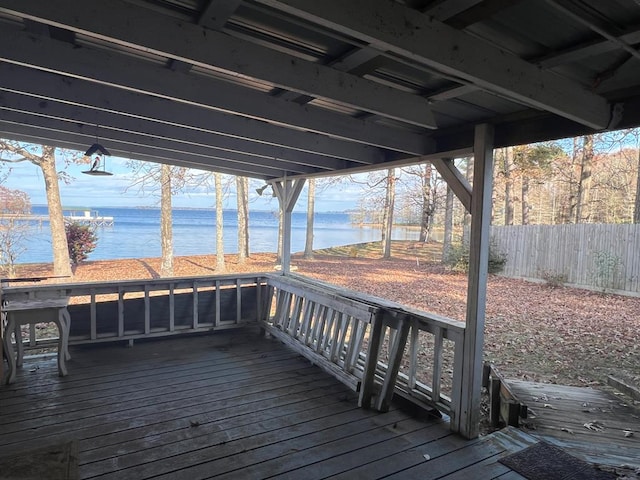 deck featuring a water view