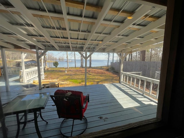 wooden deck featuring a water view and fence