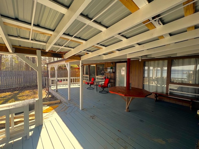 wooden terrace with a fenced backyard