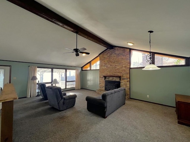 carpeted living area featuring a brick fireplace, baseboards, ceiling fan, beam ceiling, and high vaulted ceiling
