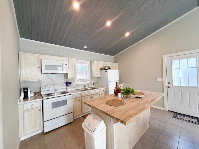 kitchen with lofted ceiling, sink, a center island, wood ceiling, and white appliances