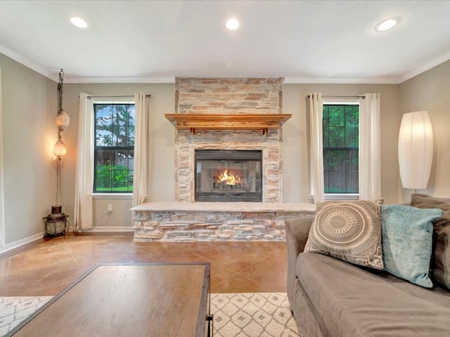 1318 Sue Dr, Lufkin, TX 75901 - living area featuring ornamental molding, a fireplace, recessed lighting, and tile patterned floors