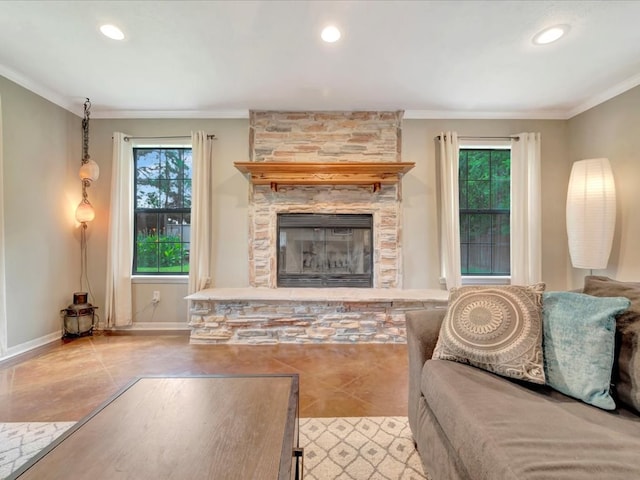 1318 Sue Dr, Lufkin, TX 75901 - tiled living area with ornamental molding, recessed lighting, and a fireplace