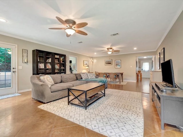 1318 Sue Dr, Lufkin, TX 75901 - living room featuring a ceiling fan, ornamental molding, light tile patterned floors, and recessed lighting