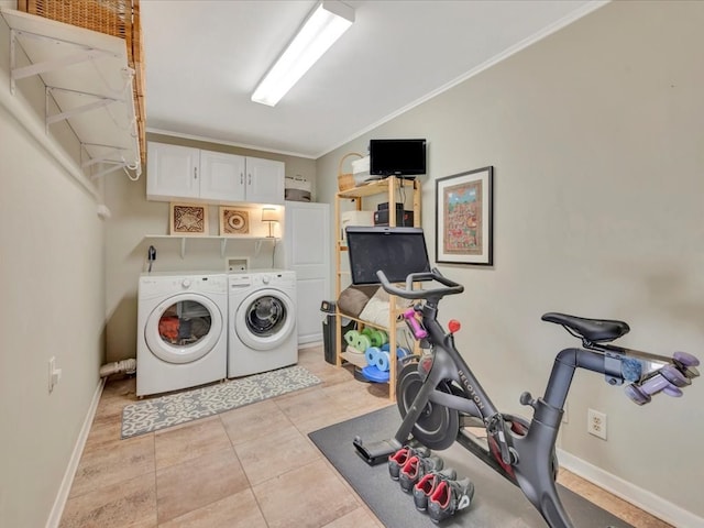 1318 Sue Dr, Lufkin, TX 75901 - laundry area with cabinet space, separate washer and dryer, ornamental molding, and light tile patterned floors