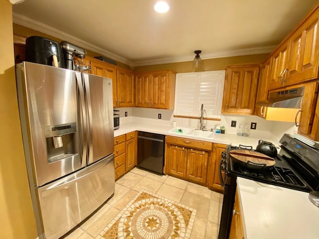 kitchen featuring black appliances, light tile patterned floors, sink, and crown molding