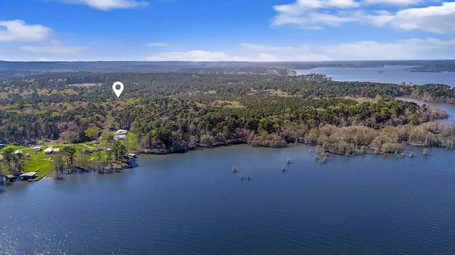 aerial view with a wooded view and a water view