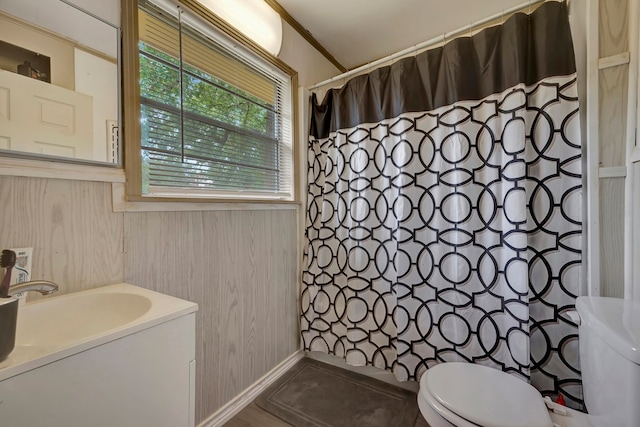 bathroom with toilet, crown molding, and sink