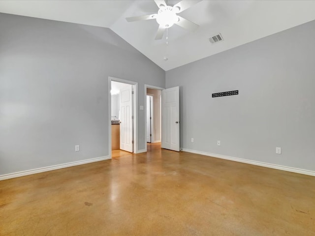 unfurnished bedroom with ceiling fan and high vaulted ceiling