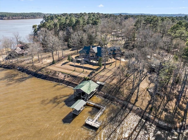 birds eye view of property with a water view and a forest view