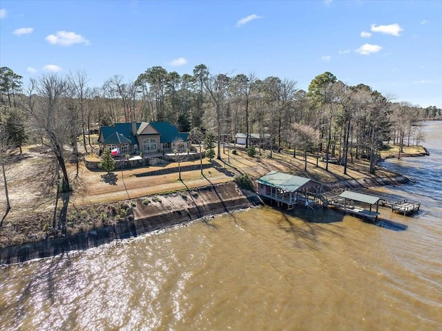 drone / aerial view featuring a water view