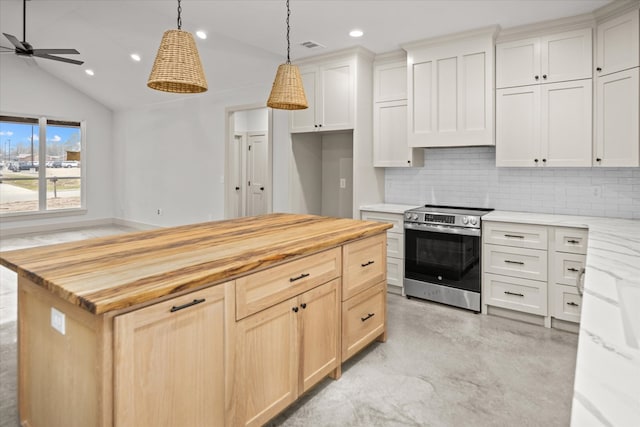 kitchen featuring light stone counters, electric range, recessed lighting, hanging light fixtures, and tasteful backsplash