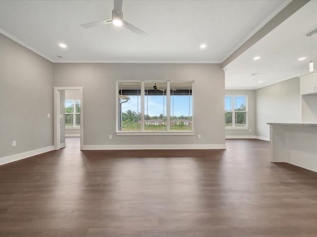 128 Stoney Rdg, Lufkin, TX 75904 - unfurnished living room with crown molding, dark wood finished floors, a ceiling fan, and recessed lighting