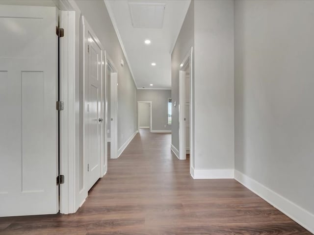 128 Stoney Rdg, Lufkin, TX 75904 - hall with dark wood finished floors, recessed lighting, and crown molding