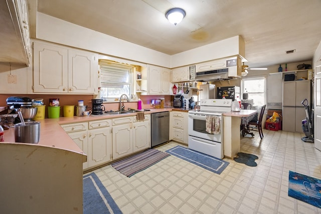 kitchen with white range with electric cooktop, stainless steel dishwasher, sink, kitchen peninsula, and a healthy amount of sunlight