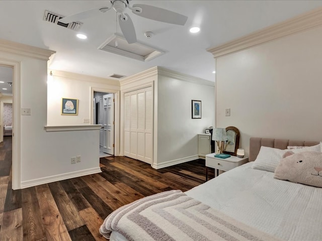 5078 US Highway 21, Nacogdoches, TX 75964 - bedroom with attic access, ornamental molding, wood finished floors, baseboards, and recessed lighting