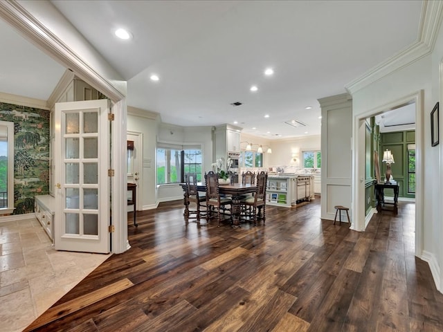 5078 US Highway 21, Nacogdoches, TX 75964 - dining space featuring ornamental molding, recessed lighting, baseboards, and dark wood-type flooring