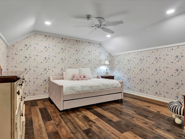 5078 US Highway 21, Nacogdoches, TX 75964 - bedroom featuring vaulted ceiling, crown molding, wallpapered walls, dark wood-style flooring, and recessed lighting