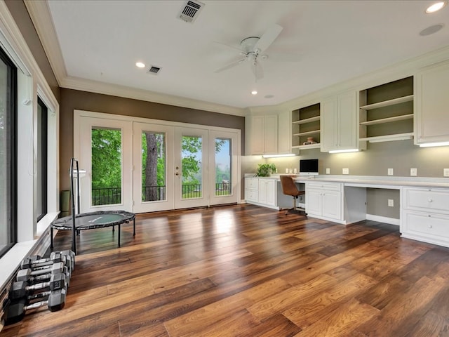 5078 US Highway 21, Nacogdoches, TX 75964 - unfurnished office with built in study area, ceiling fan, recessed lighting, dark wood-type flooring, and crown molding