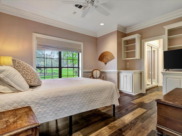 5078 US Highway 21, Nacogdoches, TX 75964 - bedroom featuring crown molding, dark wood-type flooring, recessed lighting, and ceiling fan