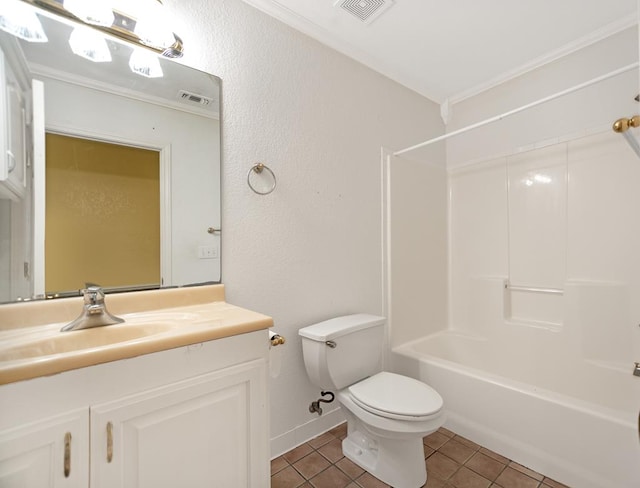 full bathroom featuring toilet, vanity, tile patterned floors, and ornamental molding