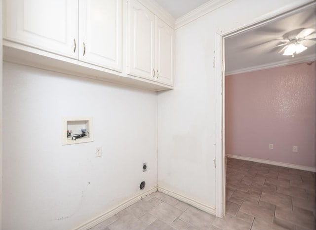 laundry area featuring ceiling fan, cabinets, washer hookup, hookup for an electric dryer, and crown molding