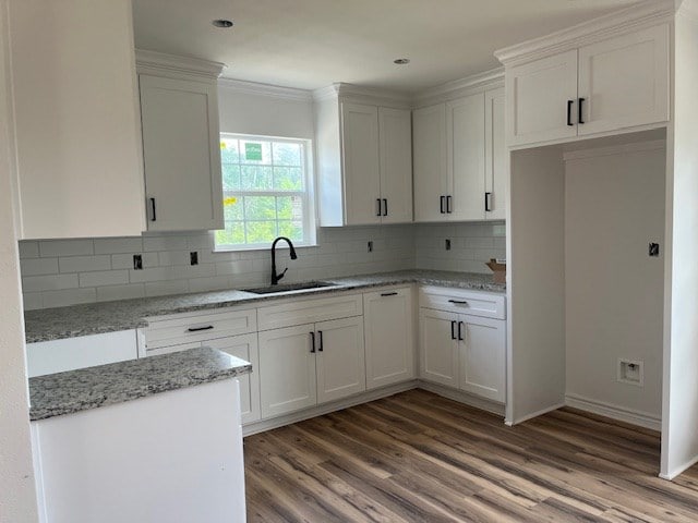 kitchen with white cabinetry, sink, light stone countertops, dark hardwood / wood-style floors, and backsplash