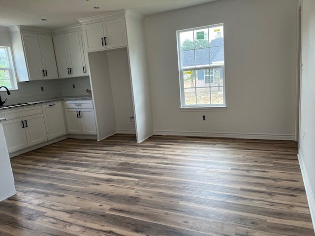 kitchen featuring hardwood / wood-style flooring, white cabinetry, sink, and tasteful backsplash