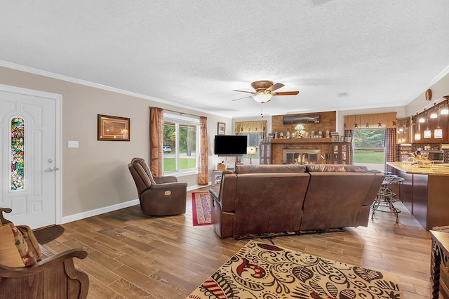 living room featuring light wood-style floors, crown molding, a ceiling fan, and plenty of natural light