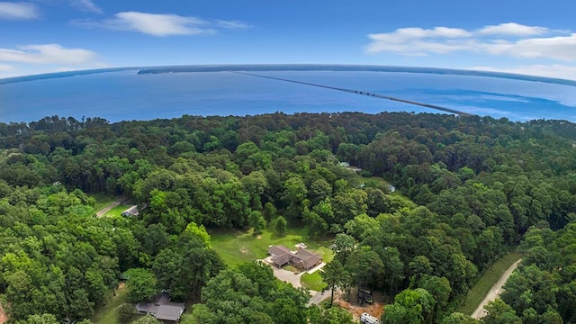 drone / aerial view with a water view and a forest view