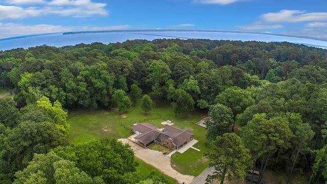 aerial view featuring a water view and a forest view