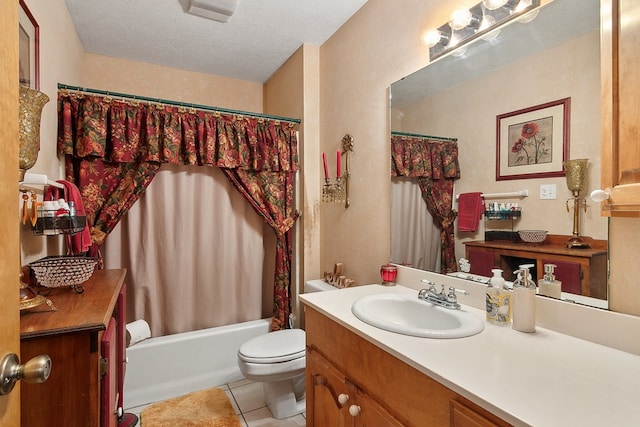 full bathroom featuring a textured ceiling, tile patterned flooring, vanity, shower / bath combination with curtain, and toilet