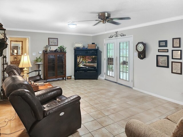 2104 Pinecrest Dr, Jasper, TX 75951 - living area with light tile patterned floors, crown molding, and a ceiling fan